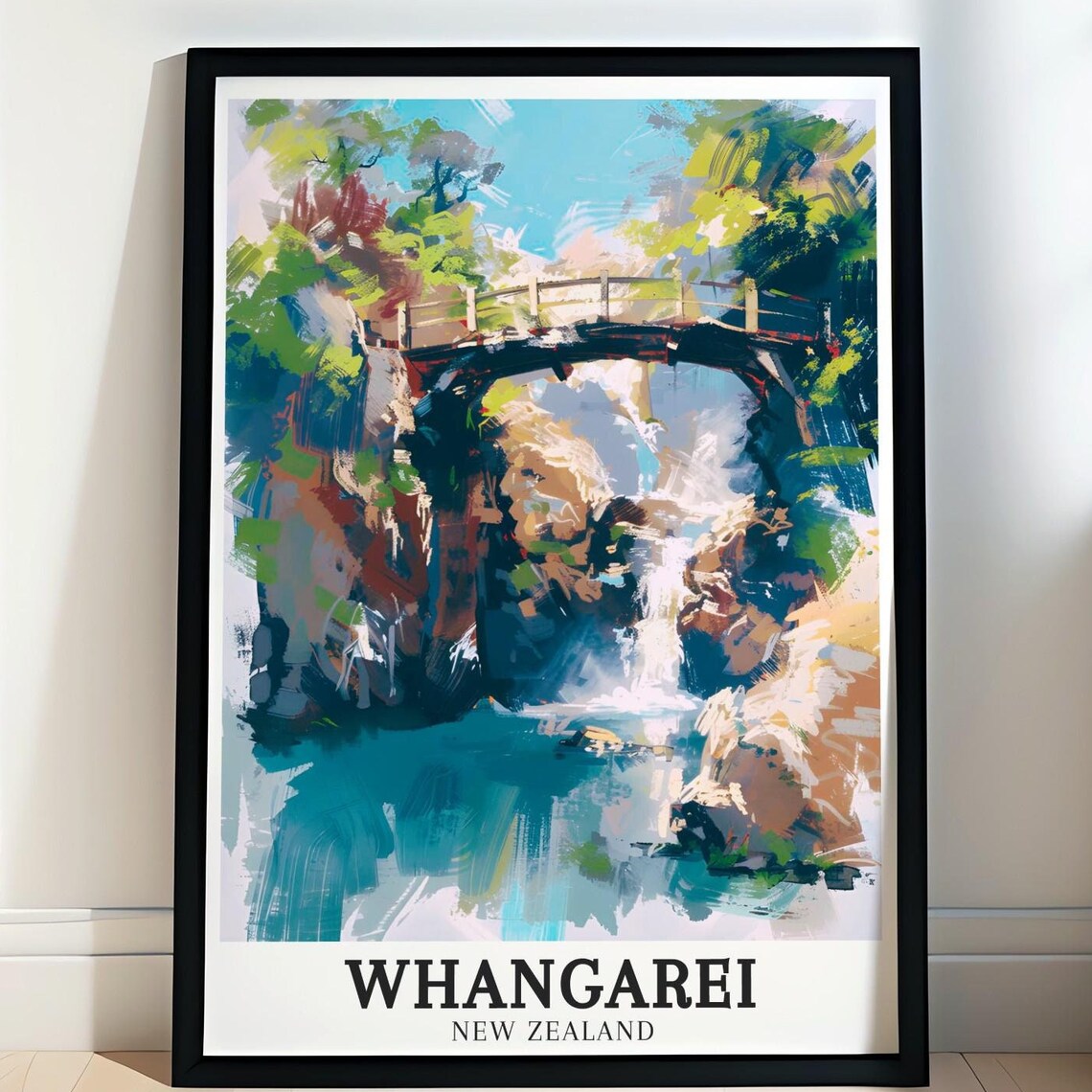 Whangarei New Zealand Waterfall Bridge Painterly Travel Poster