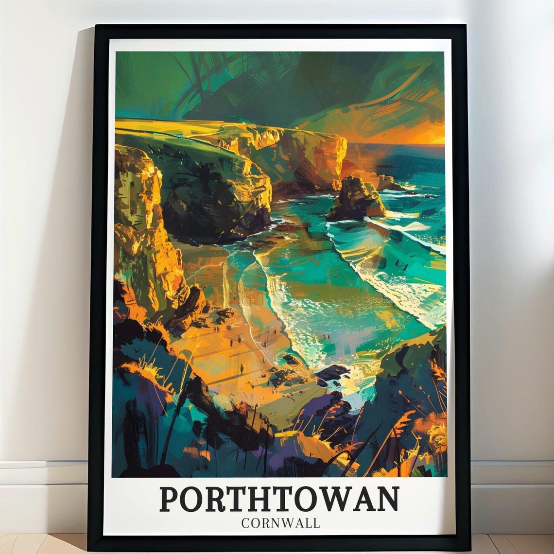 Porthtowan Cornwall Golden Cliffs Dramatic Wave Travel Poster