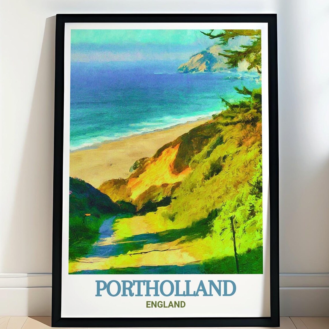 Portholland England Poster with Coastal Cliffs and Beach Watercolor