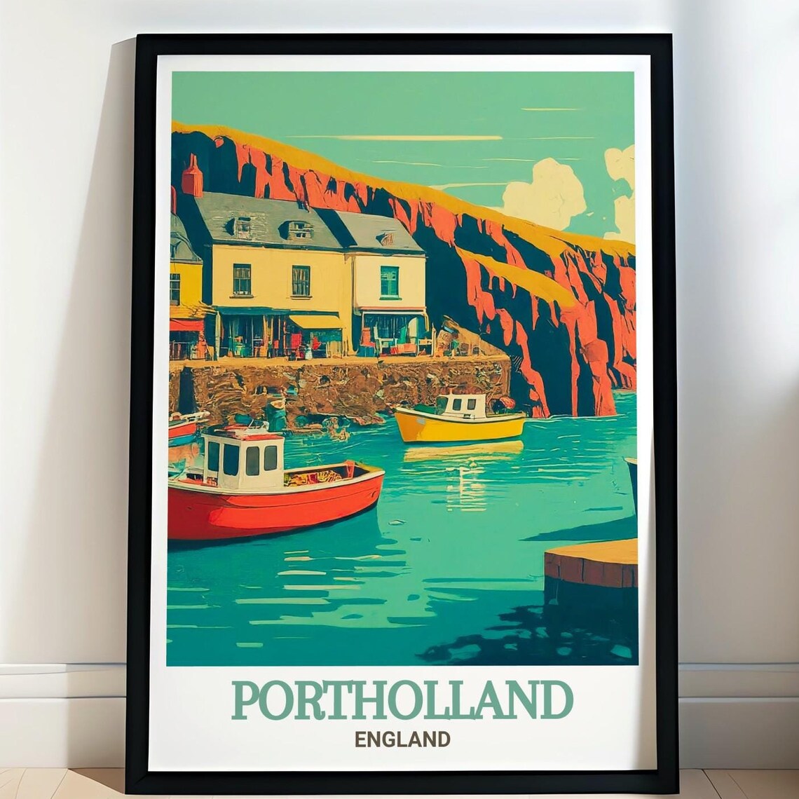 Portholland England Poster with Harbor Boats and Red Sandstone Cliffs