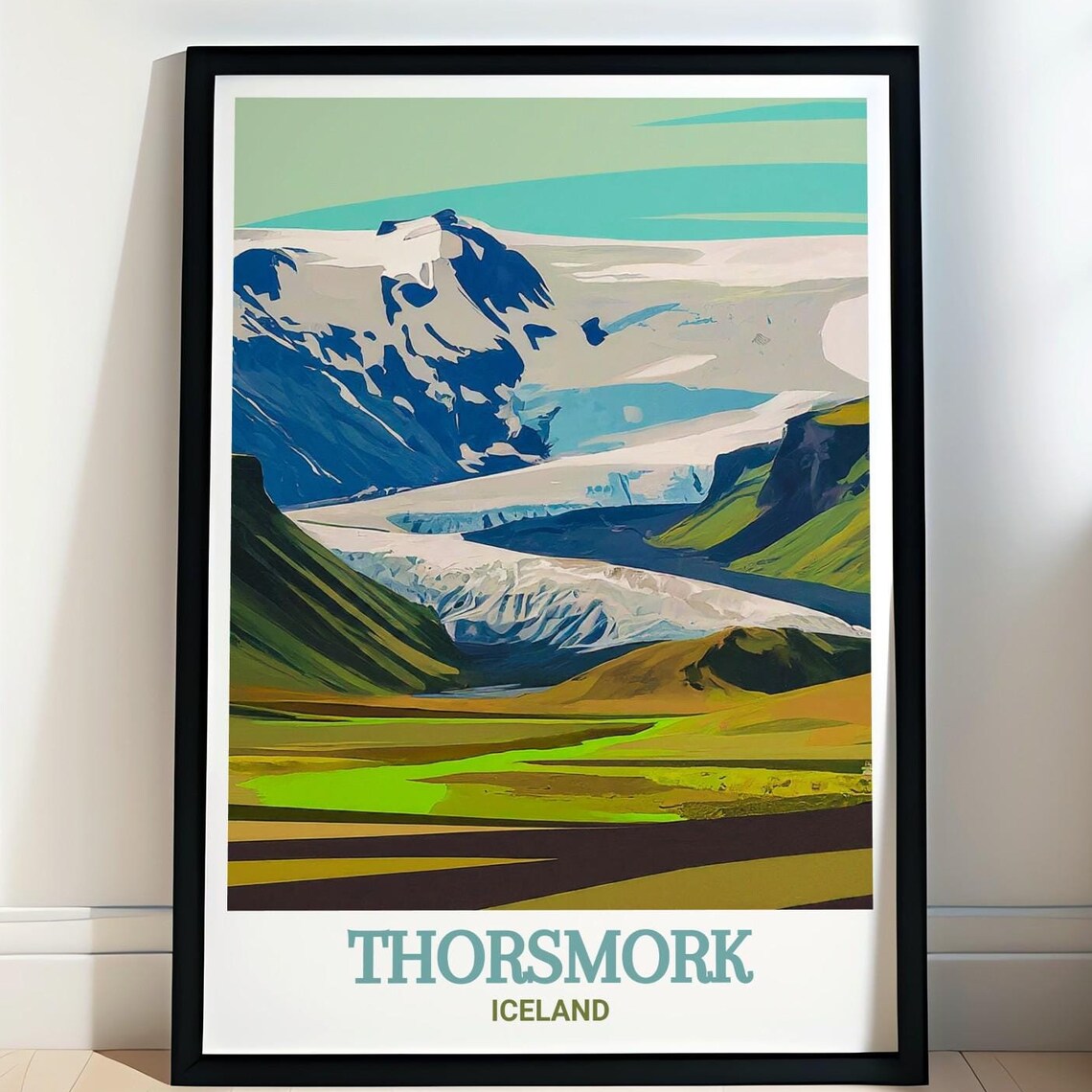 Thorsmork Iceland Glacier Snowfields Green Valley Travel Poster