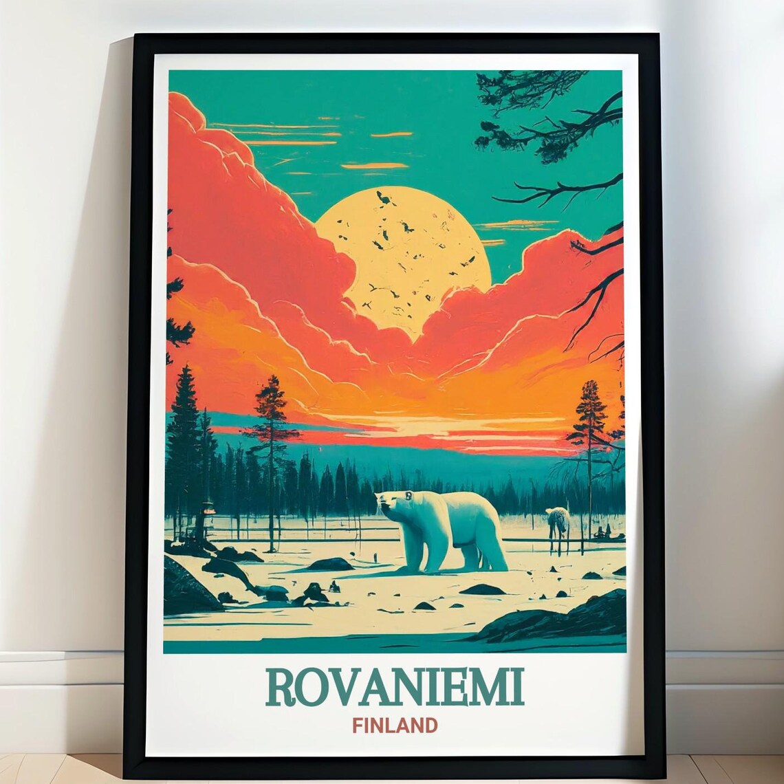 Rovaniemi Finland Poster with Polar Bear in Arctic Sunset Scene