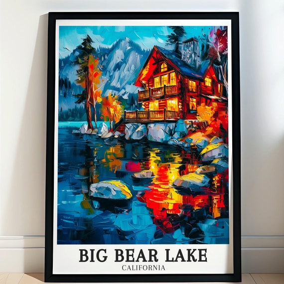 Big Bear Lake California Glowing Lakeside Cabin Autumn Night Art Poster