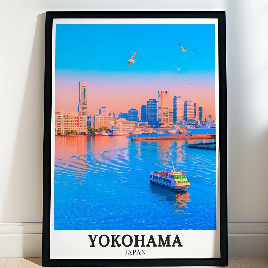 Yokohama Japan Blue Bay Skyline Sunset Sailboats Travel Poster