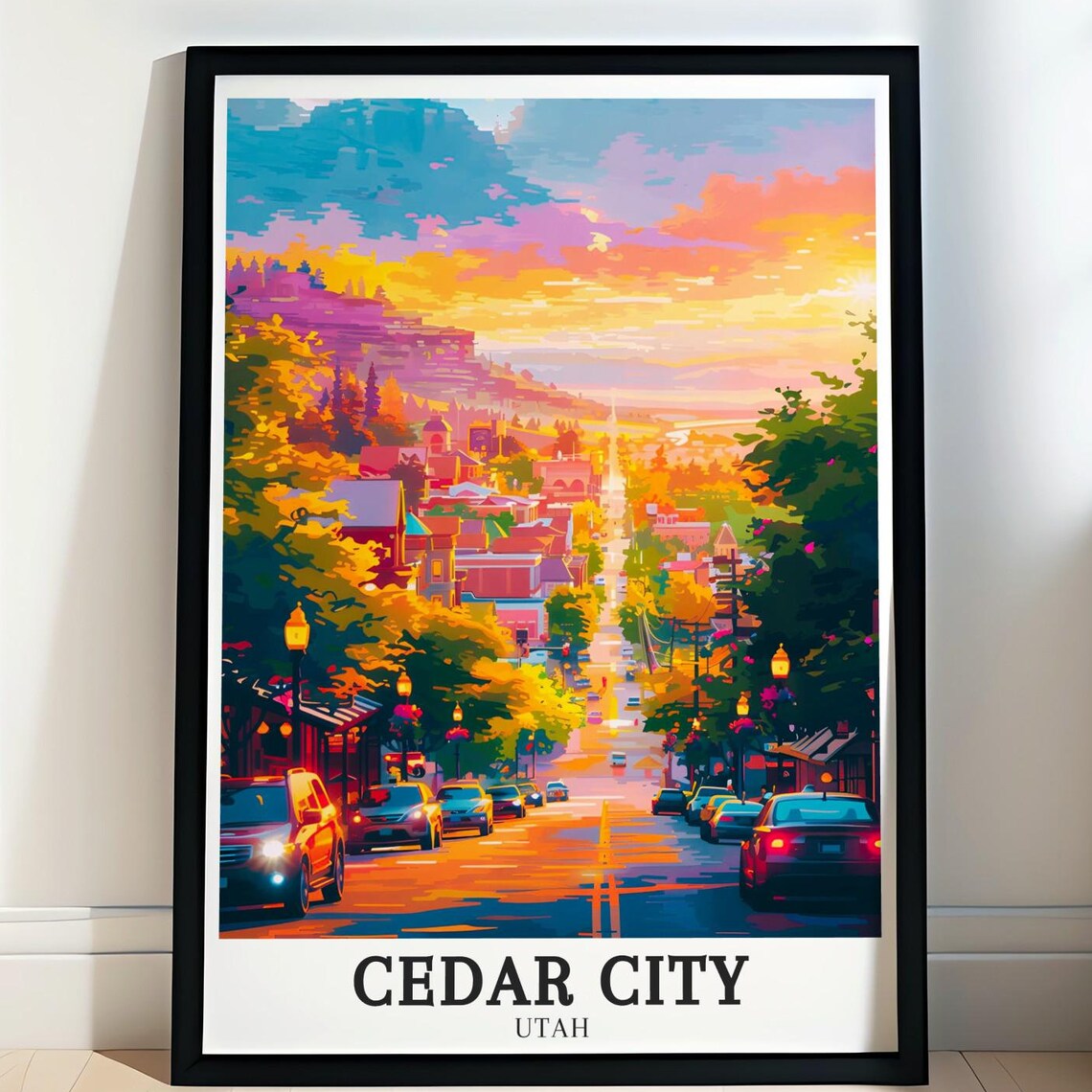 Cedar City Utah Poster Downtown Street Sunset Scene with Street Lamps