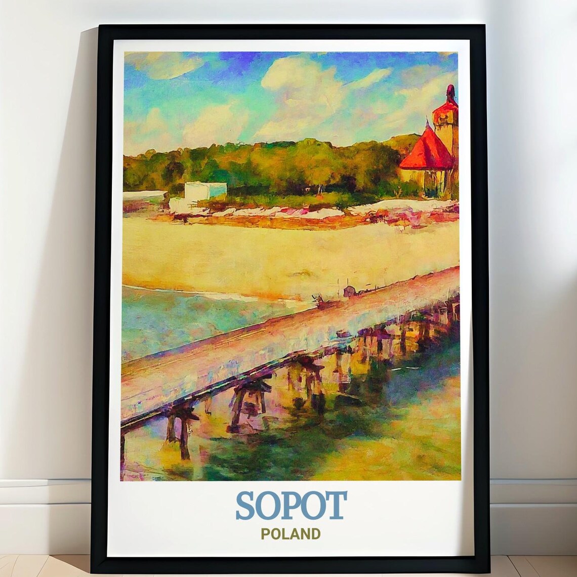 Sopot Poland Travel Poster with Wooden Pier and Red Roof Tower