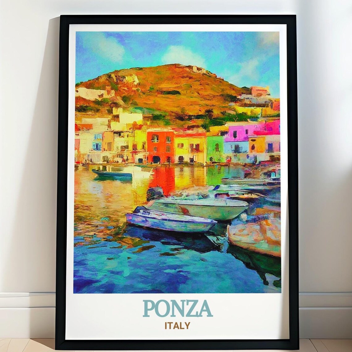Ponza Italy Colorful Harbor Boats Hillside Town Travel Poster