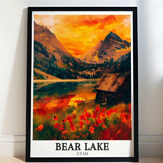 Bear Lake Utah Rustic Cabin Sunset Wildflowers Mountain Lake Art Poster