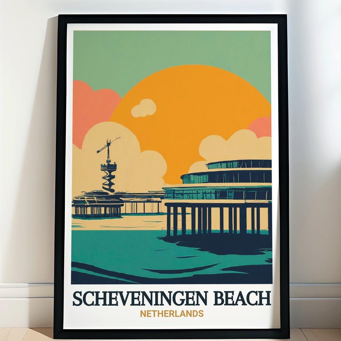 Scheveningen Beach Poster with Pier at Sunset in Retro Graphic Style