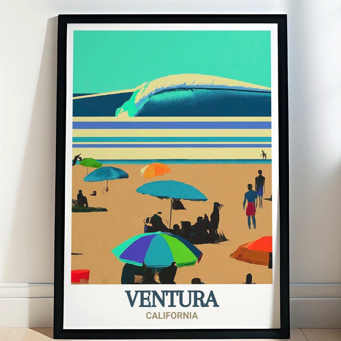 Ventura California Beach Umbrellas Surfers Wave Art Travel Poster