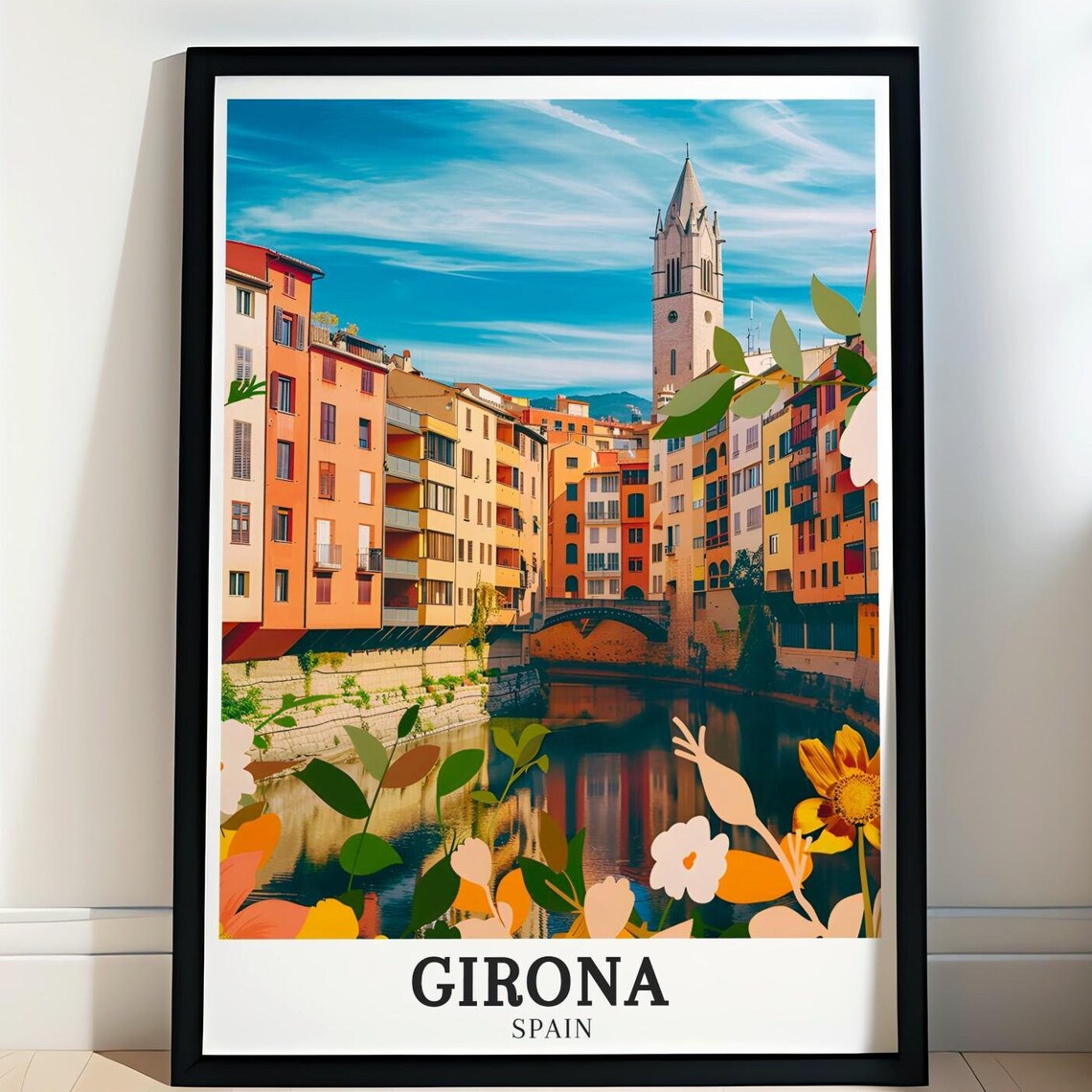 Girona Spain Riverside Old Town Church Tower Floral Travel Poster