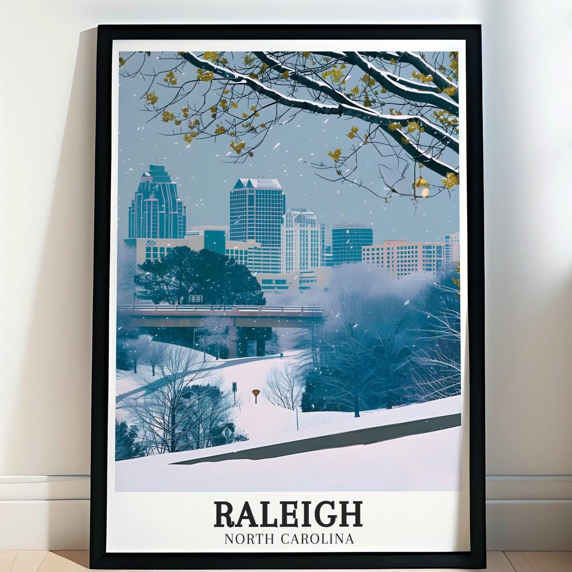 Raleigh North Carolina Snowy Winter Skyline Snowfall Bridge Poster