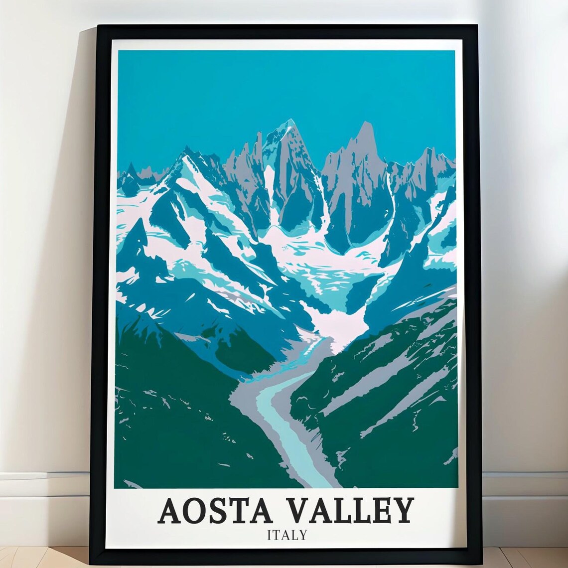 Aosta Valley Italy Snowy Alpine Peaks Turquoise Sky Travel Poster