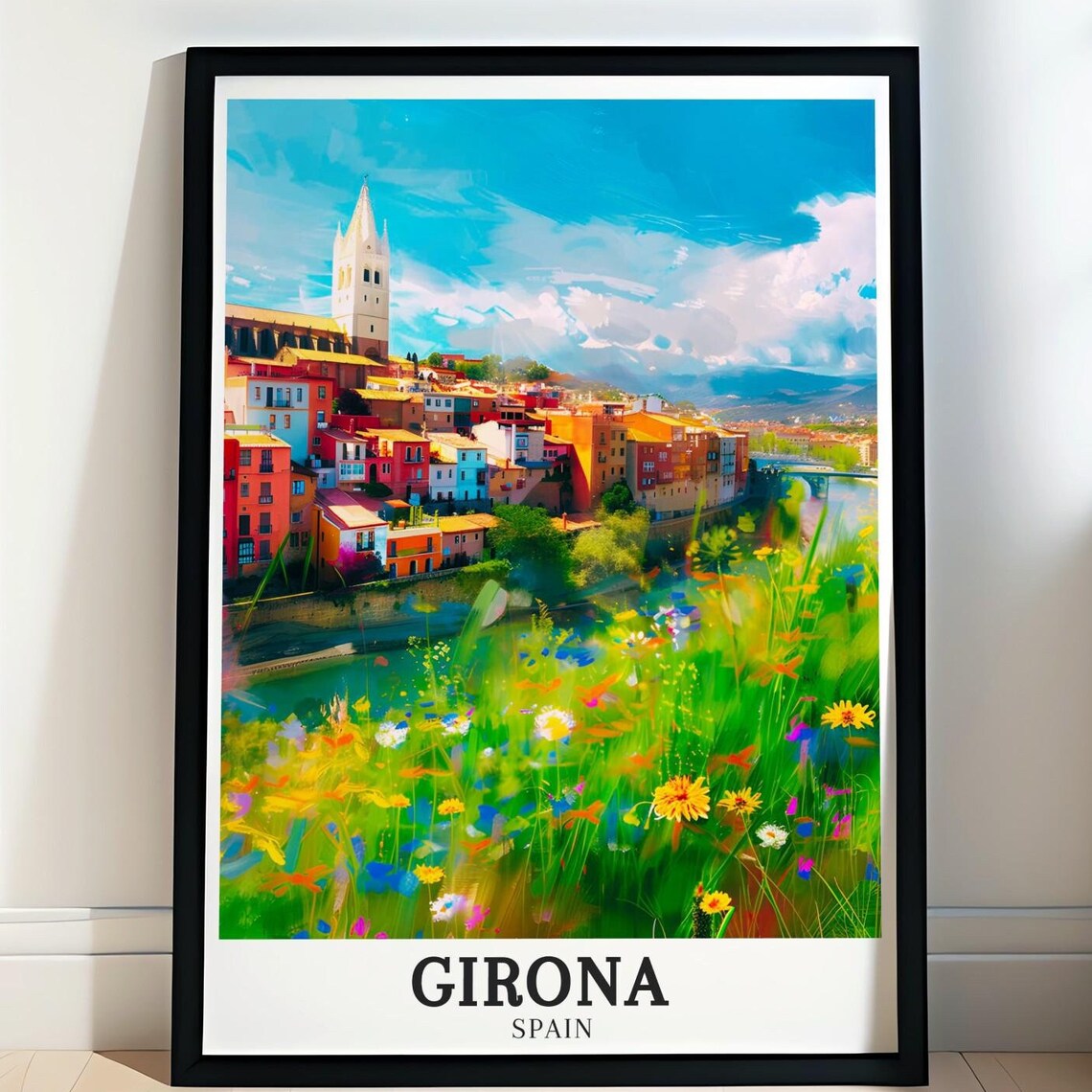 Girona Spain Riverside Houses Wildflowers Colorful Travel Poster