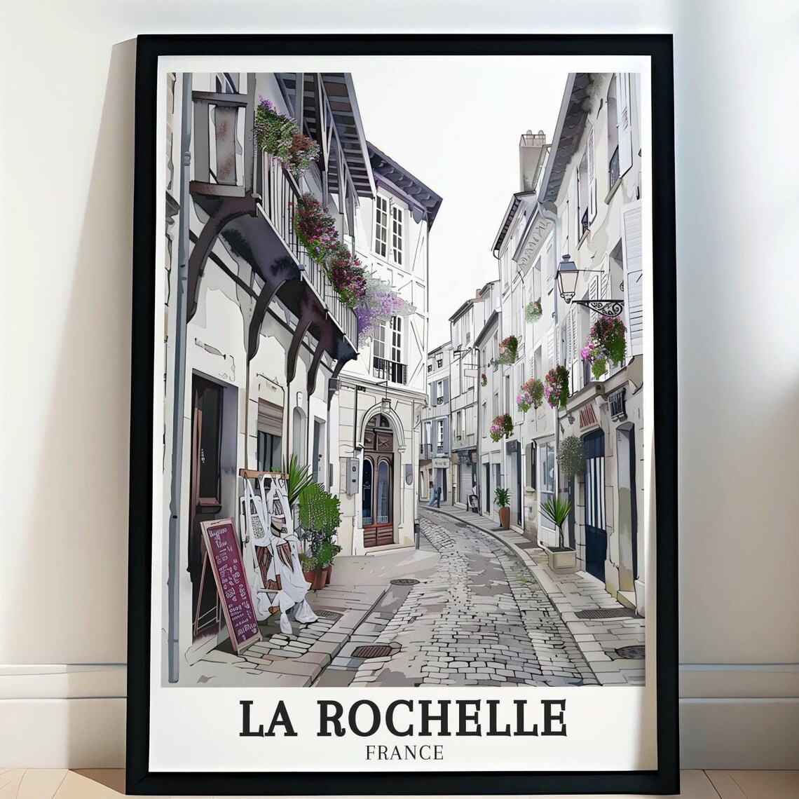 La Rochelle France Cobblestone Old Town Street Travel Poster