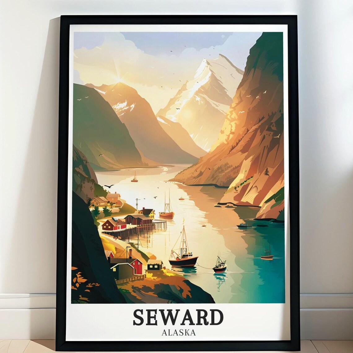 Seward Alaska Fishing Harbor Sunrise Fjord Scene Travel Poster