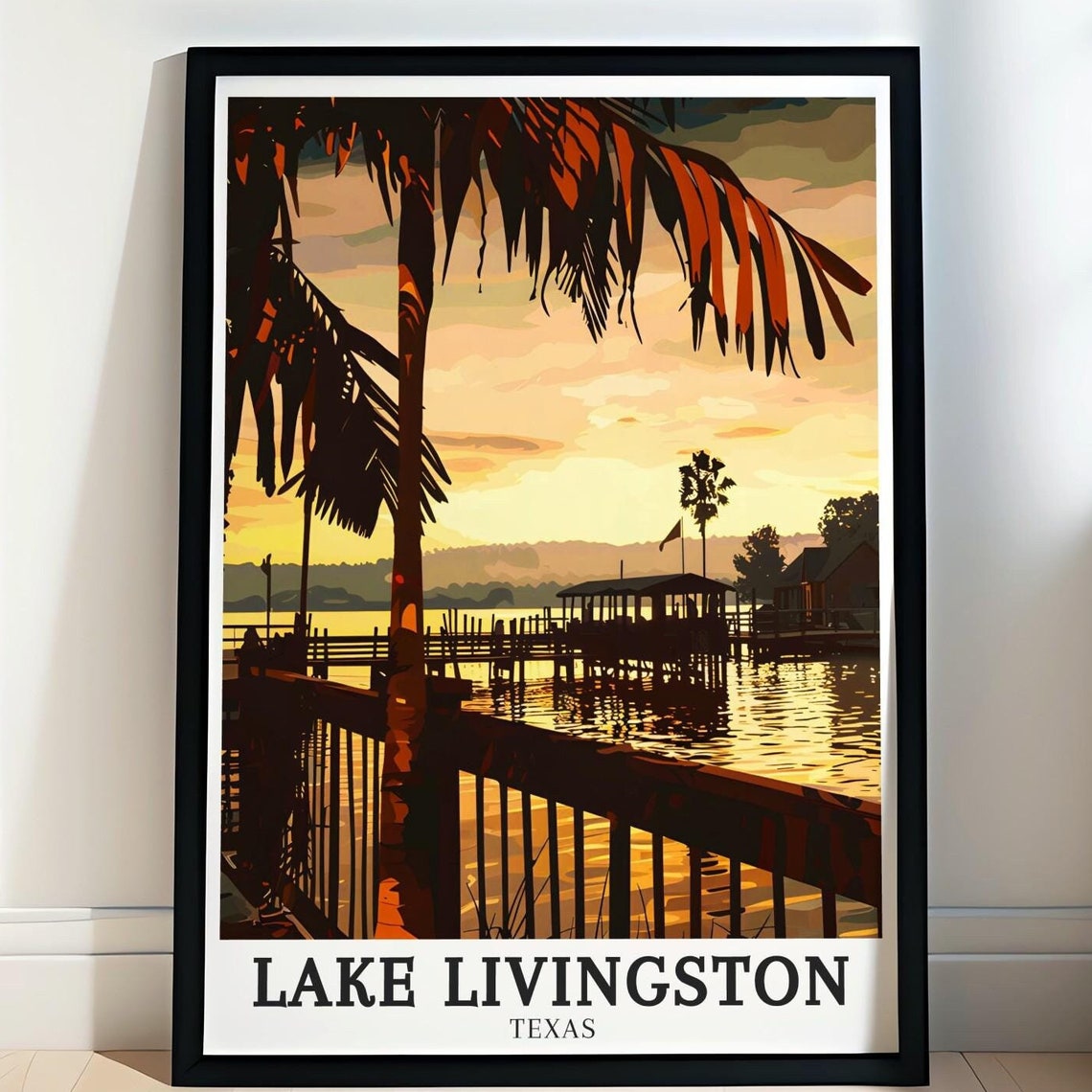 Lake Livingston Texas Sunset Marina Palm Silhouette Lakeside Poster