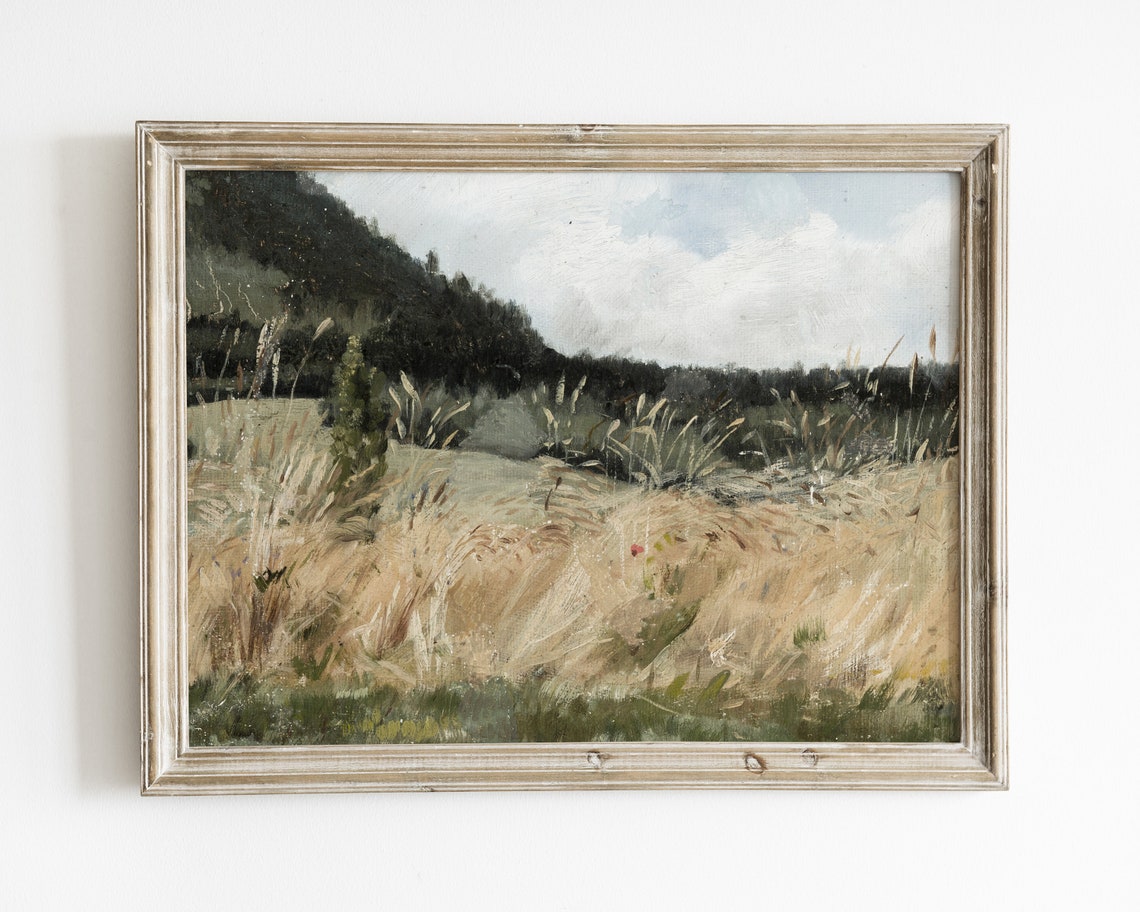 Green Landscape Oil Painting Vintage Painting Meadow Painting Landscape Art Print Oil Painting Vintage French Country Wall Decor