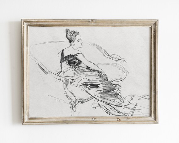 Seated Woman Flowing Gown Vintage Charcoal Figure Sketch Drawing Poster
