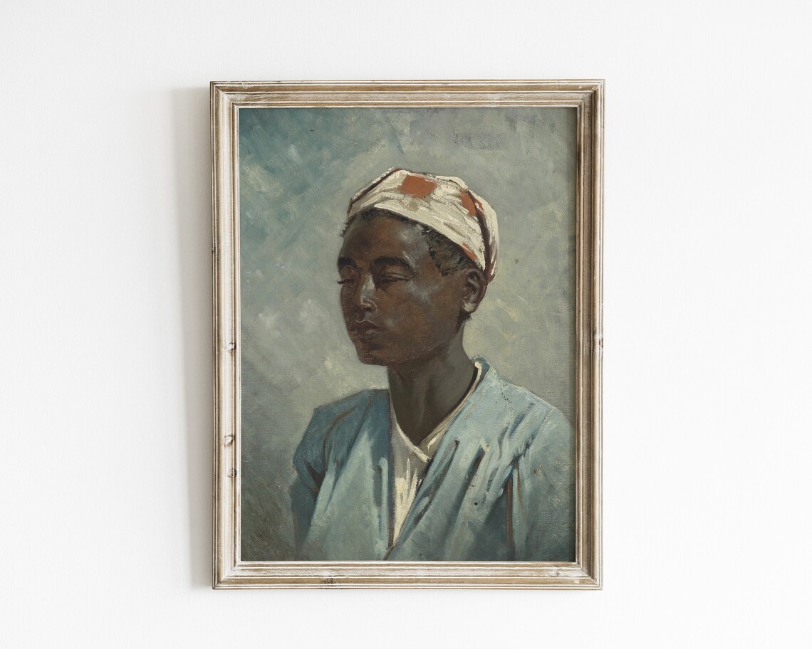 Antique Oil Portrait of Young Woman in Patterned Headscarf Print