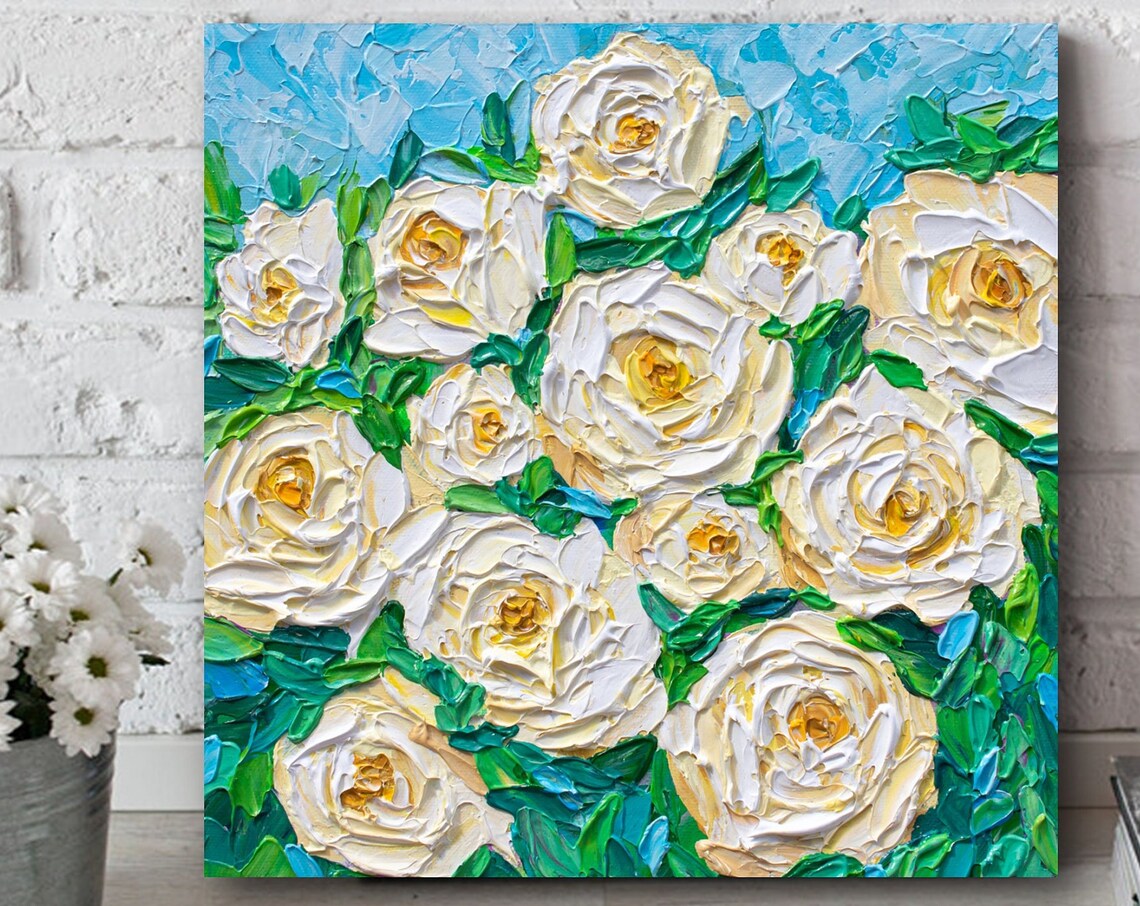 White Roses Painting Impasto Floral Cream Blooms Blue Sky Art Poster