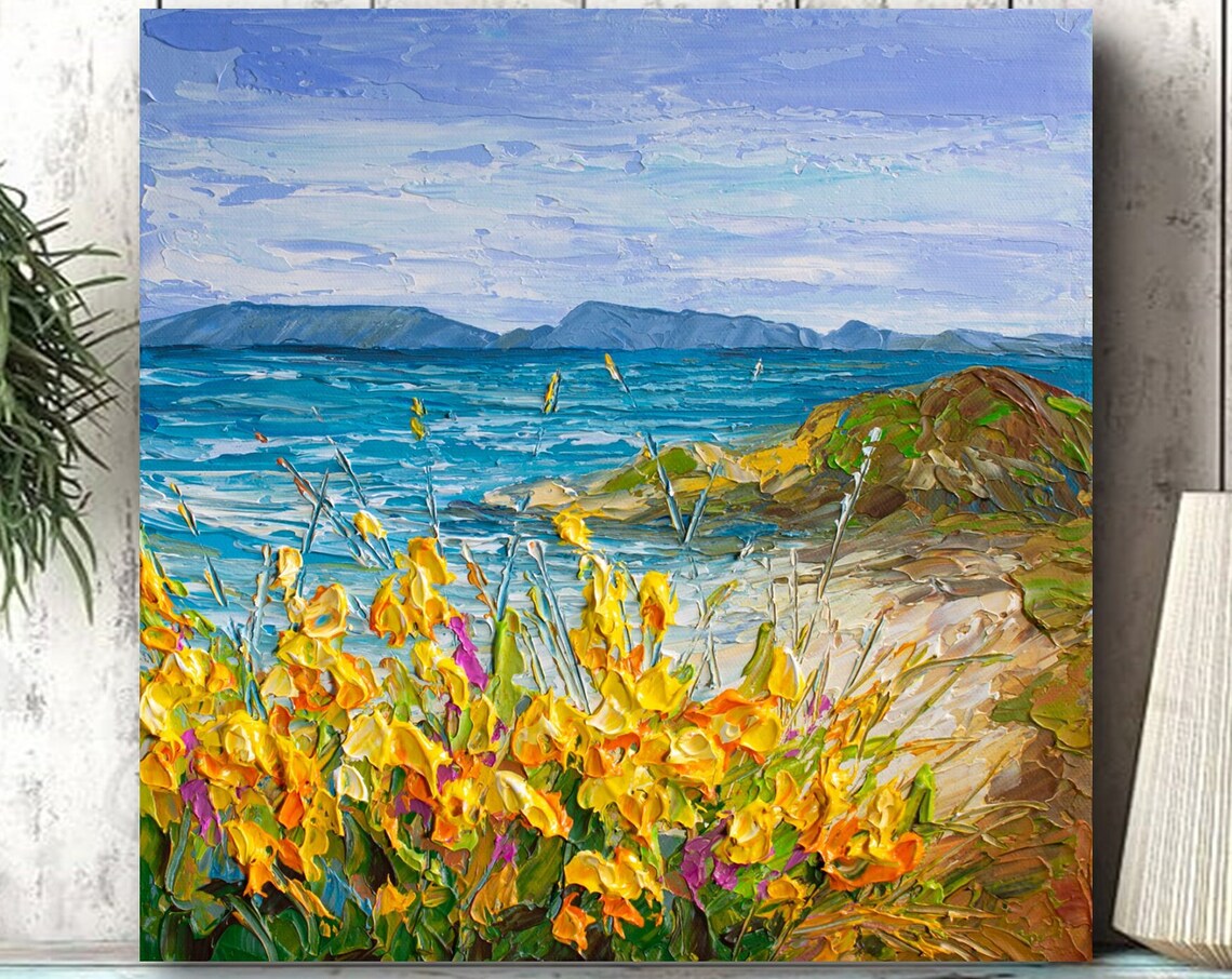 Yellow Wildflowers Beach Teal Ocean Mountain Coast Impressionist Poster