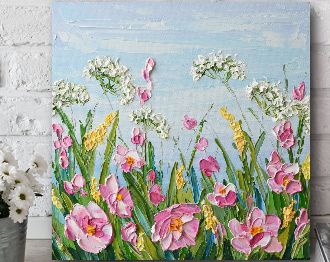 Pink Wildflower Meadow Blue Sky Yellow Blossom Impasto Flower Poster