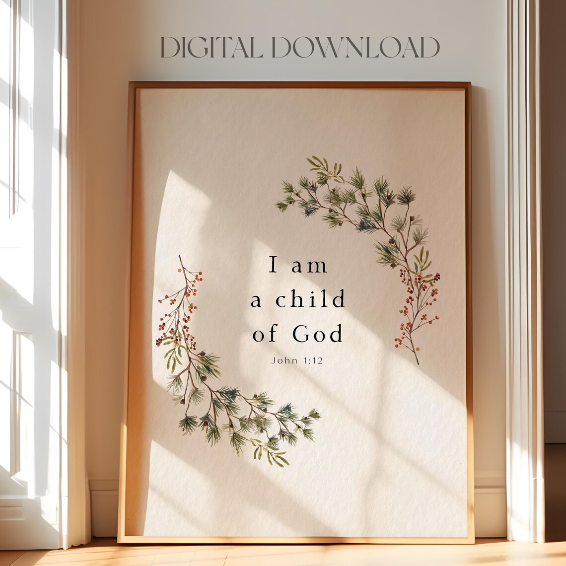 I Am a Child of God John 1:12 Painted Pine Berry Garland Print