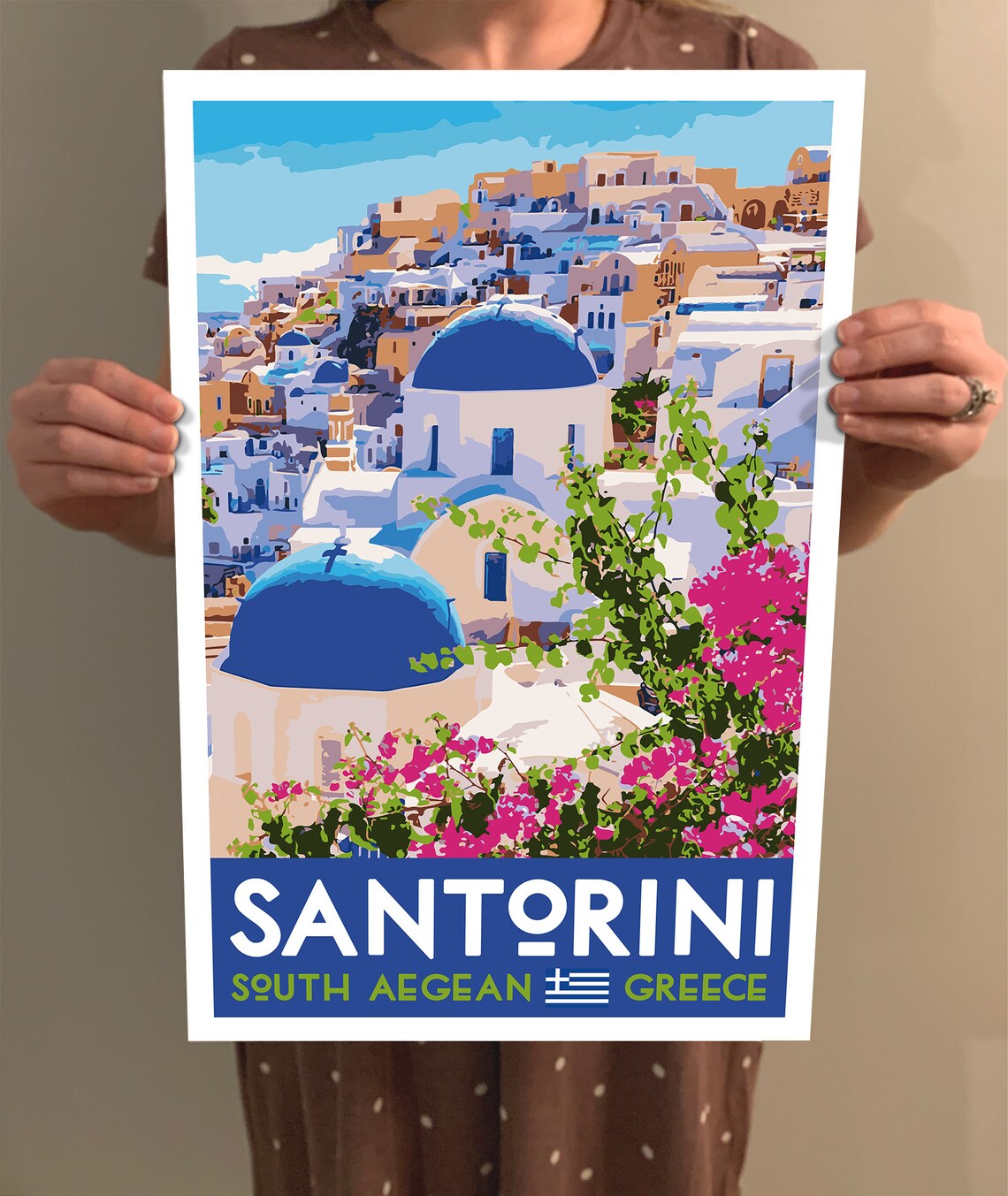 Santorini Greece Blue Domed Churches Bougainvillea Travel Poster Art - Image 2