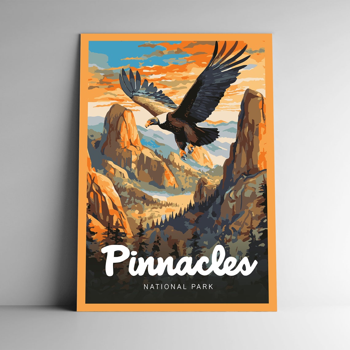Pinnacles National Park Eagle Cliffs Retro Sunset Illustration Poster