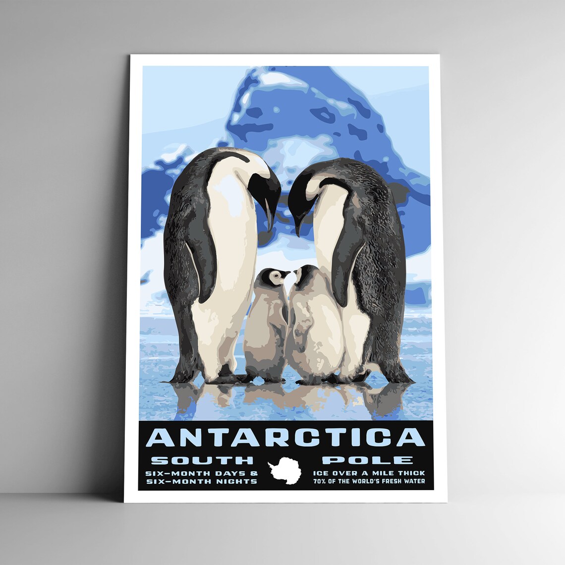 Antarctica Vintage Travel Poster, South Pole Penguins