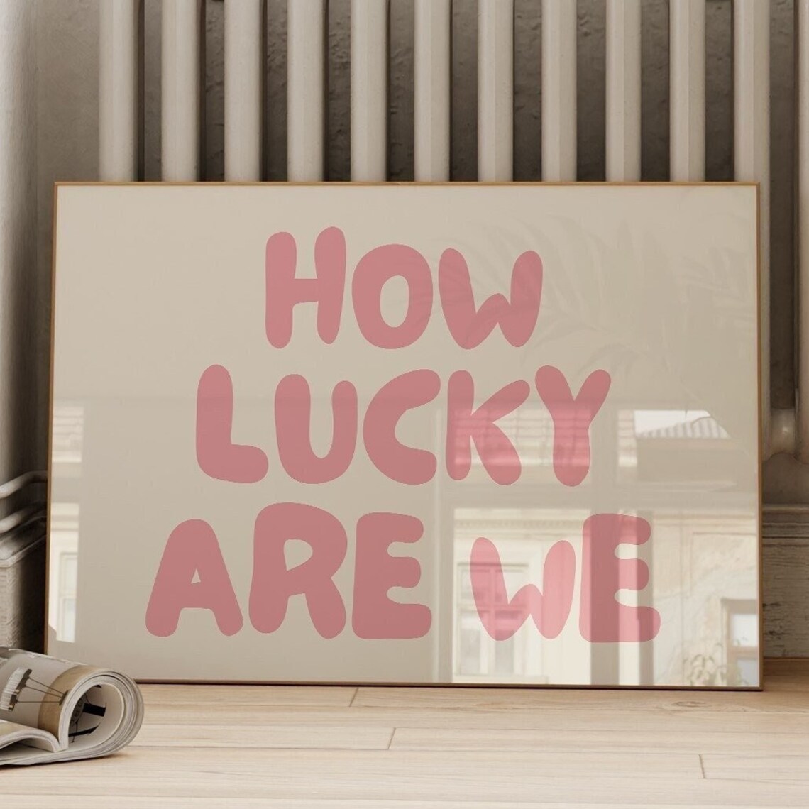 How Lucky Are We Pink Retro Bubble Letter Trendy Aesthetic Wall Art