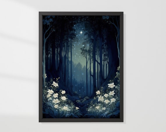 Magical Forest With Fireflies And A Starry Sky Watercolor Painting White Flowers Enchanting Dark Landscape Wall Art