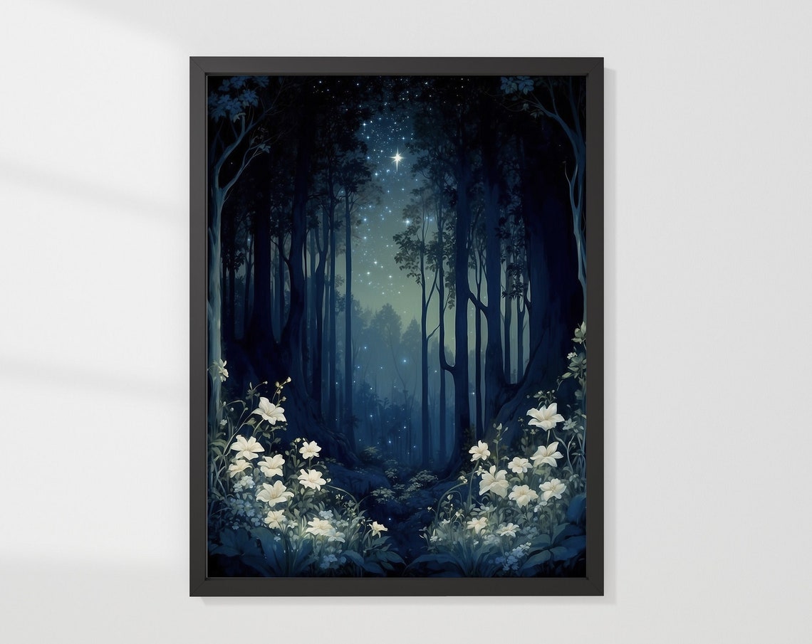 Magical Forest With Fireflies And A Starry Sky Watercolor Painting White Flowers Enchanting Dark Landscape Wall Art