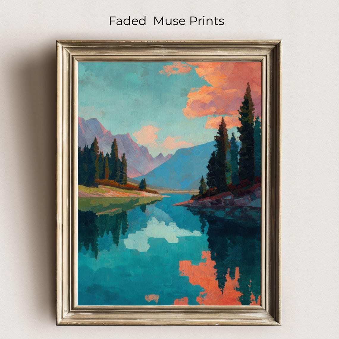Turquoise Lake Mountain Reflection Coral Sunset Vintage Nature Poster
