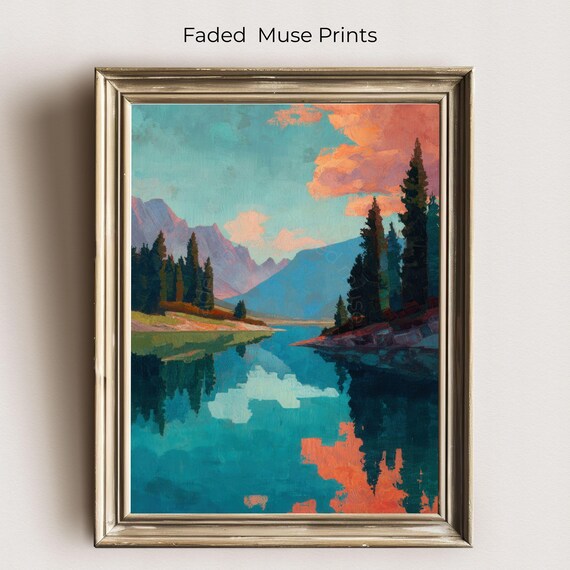 Vintage National Park Lake Reflection Print Midcentury Modern Digital Download