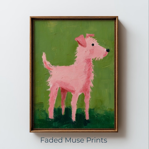 Pink Dog Midcentury Modern Whimsical Green Background Poster