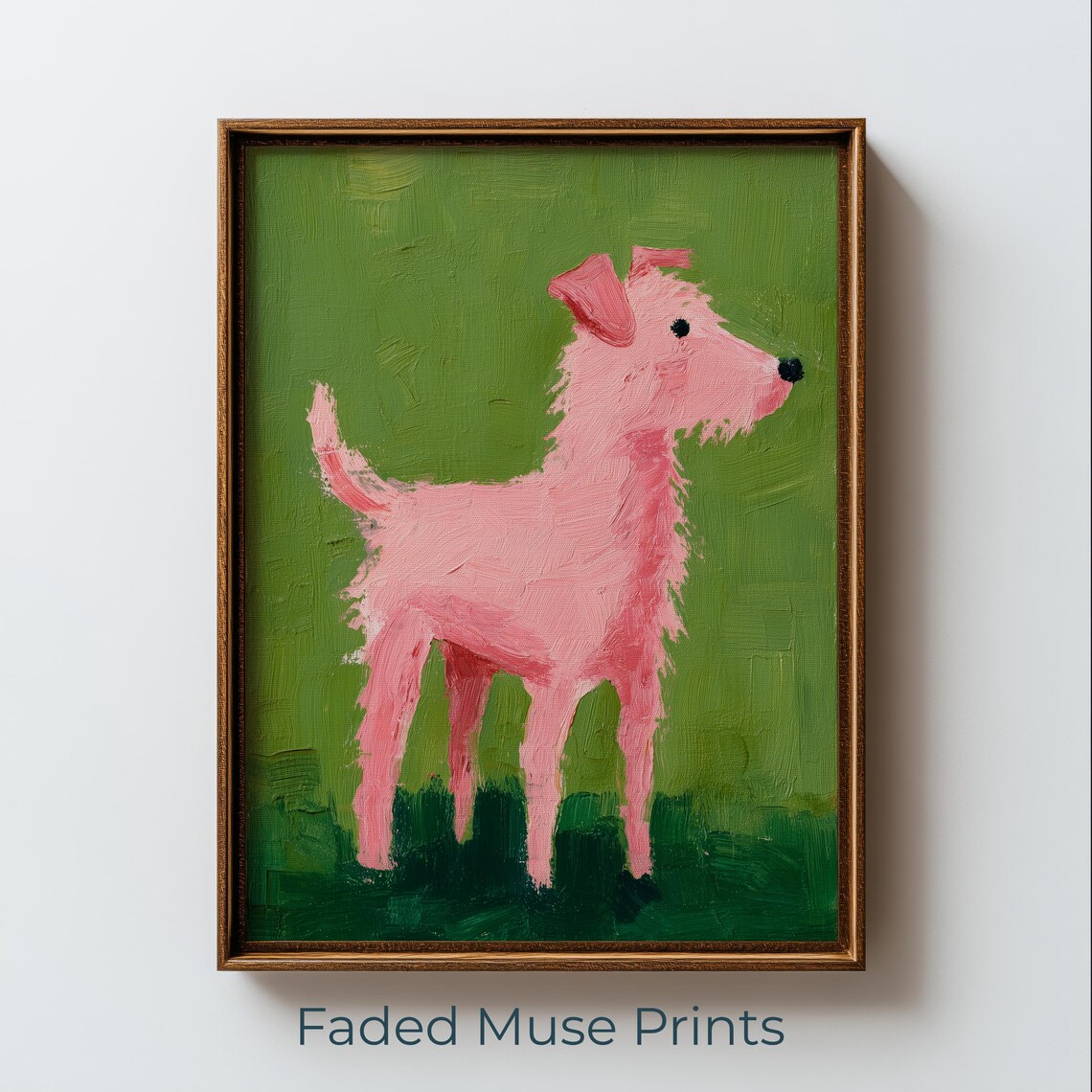 Pink Dog Midcentury Modern Whimsical Green Background Poster