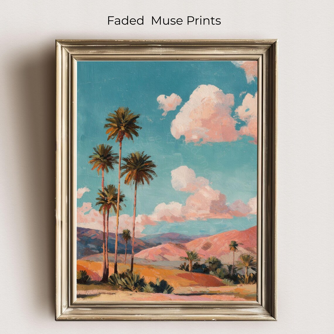 Retro Palm Trees Desert Landscape Pink Clouds Vintage Travel Poster