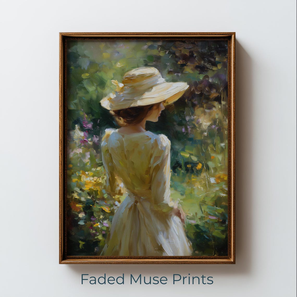 Vintage Woman In Garden Hat Romantic Painterly Floral Wall Art
