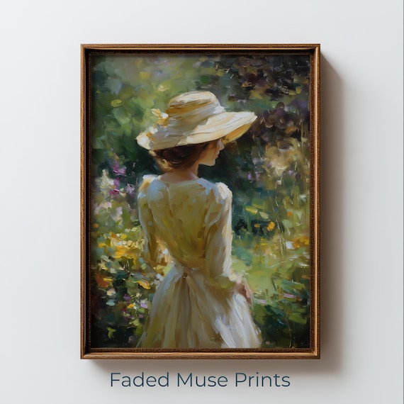 Vintage Woman In Garden Hat Romantic Painterly Floral Wall Art
