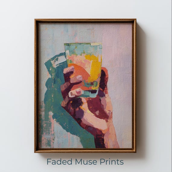 Moody Cocktail Glass Hand Painting, Retro Bar Art Print