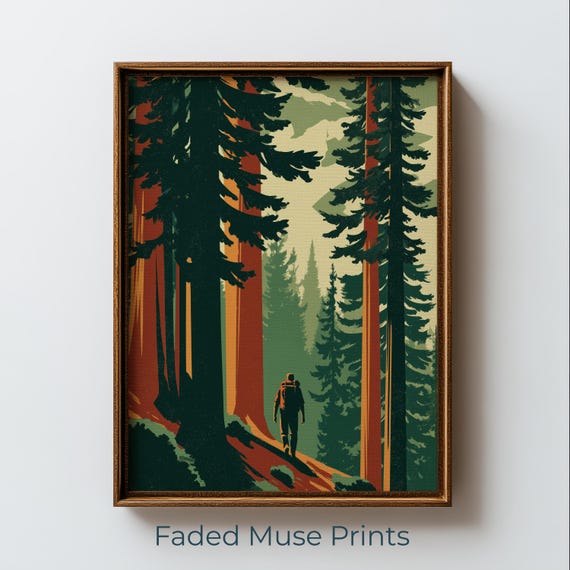 Vintage Forest Hiker Print Retro Camping Poster Art Printable Wall Decor Digital Download 3082