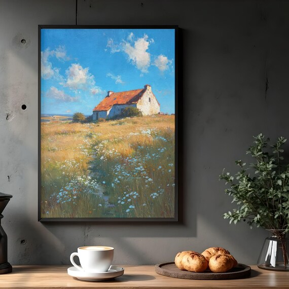 White Cottage Hill Wildflower Meadow Impressionist Landscape Art Poster
