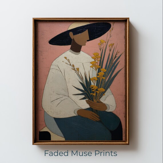 Seated Woman With Yellow Flowers Folk Art Modern Botanical Poster