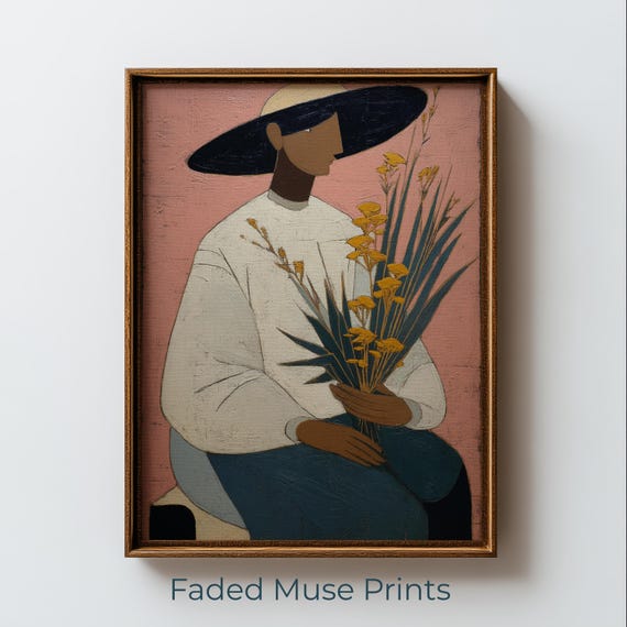 Seated Woman With Yellow Flowers Minimalist Folk Art Print Digital Download 1776
