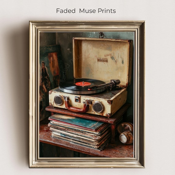 Vintage Suitcase Record Player With Vinyl Stack Retro Music Room Oil Poster