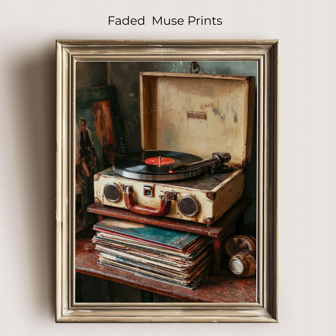 Vintage Suitcase Record Player With Vinyl Stack Retro Music Room Oil Poster