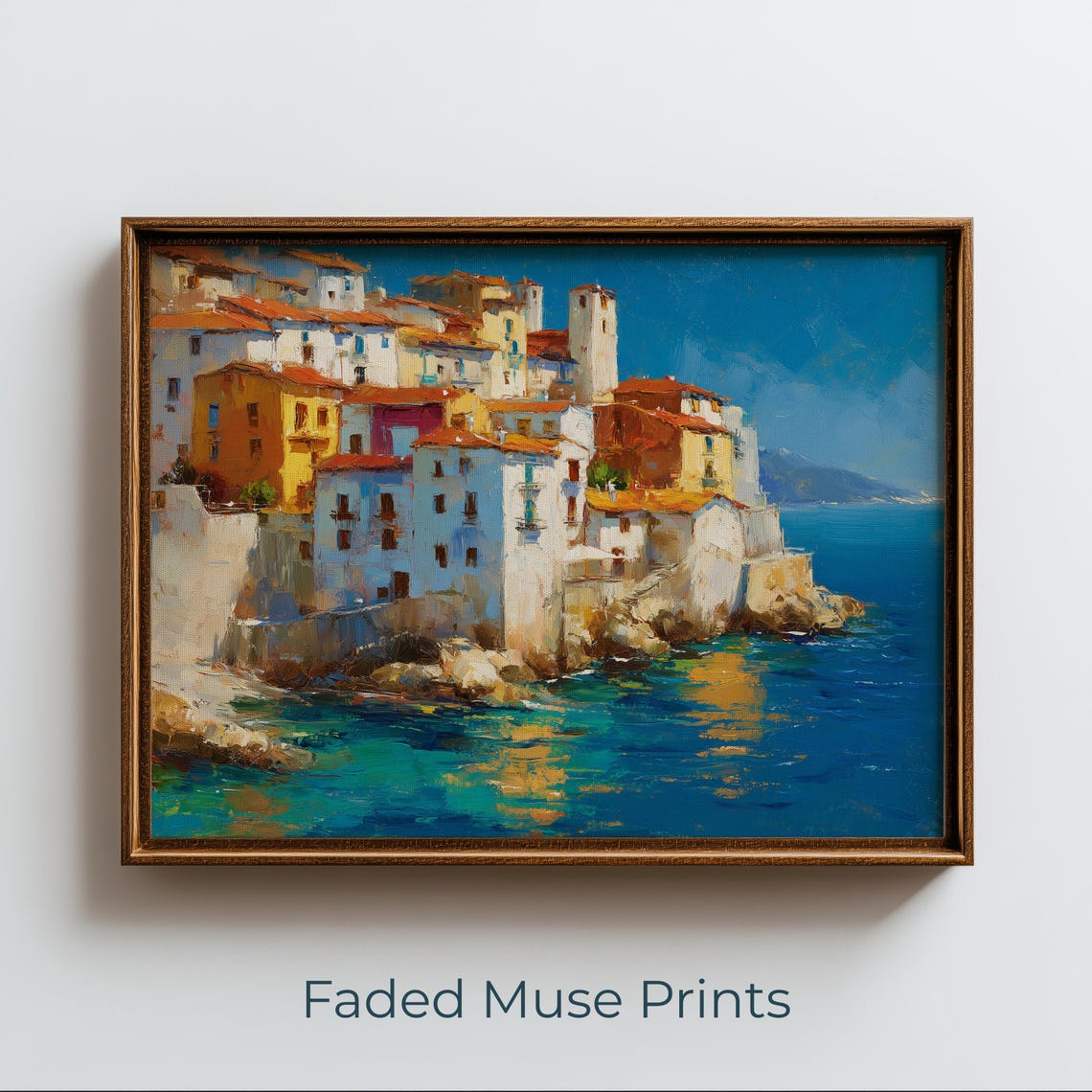Italian Coastal Cliff Village Whitewashed Houses Blue Sea Poster