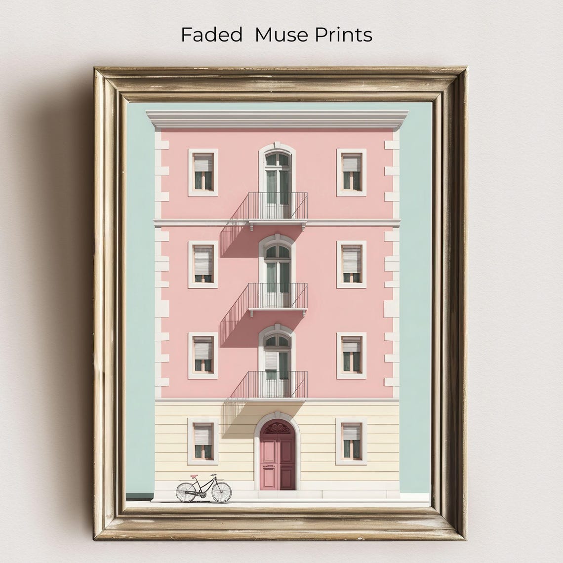Pink European Apartment Facade with Bicycle Vintage Style Art Print
